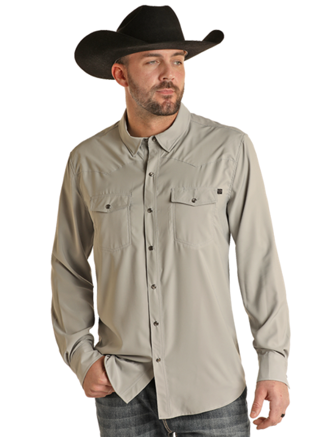 Front, torso view of the Rock & Roll Denim Men's TEK Long Sleeve Ripstop Western Snap Shirt in grey