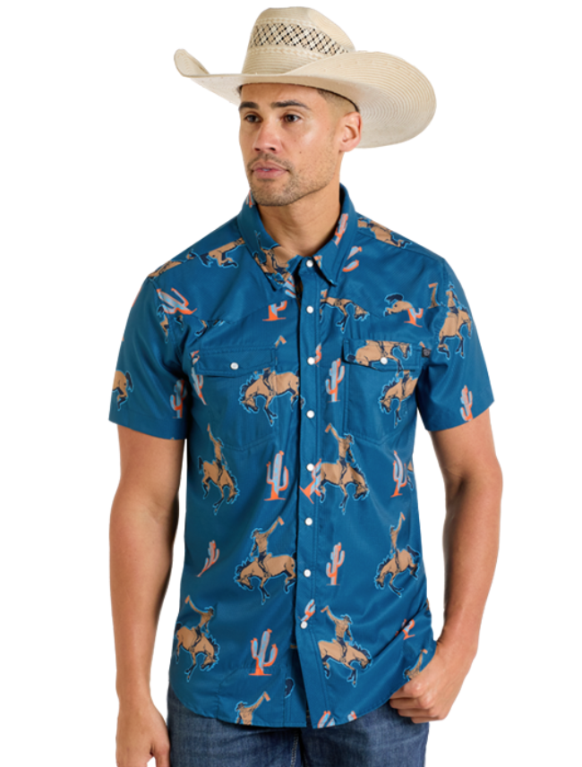 Front, torso view of the Rock & Roll Denim Western Buckin' Bronco Short Sleeve Western Snap Shirt