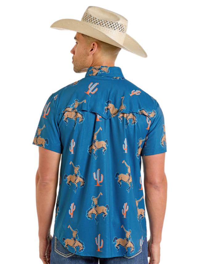 Back, torso view of the Rock & Roll Denim Western Buckin' Bronco Short Sleeve Western Snap Shirt