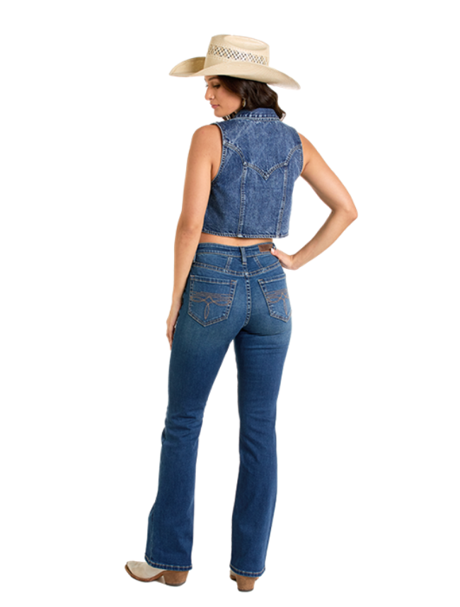 Back, full body view of Rock & Roll Denim Women's Cropped Denim Fringe Western Vest