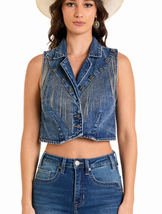 Front, torso view of Rock & Roll Denim Women's Cropped Denim Fringe Western Vest