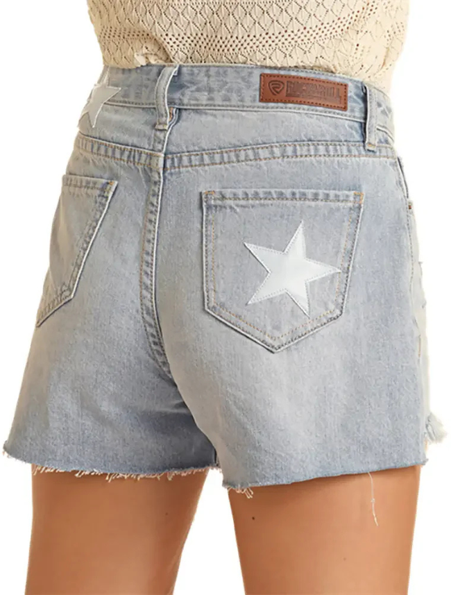 Light blue denim shorts with a white star pocket design on a white background
