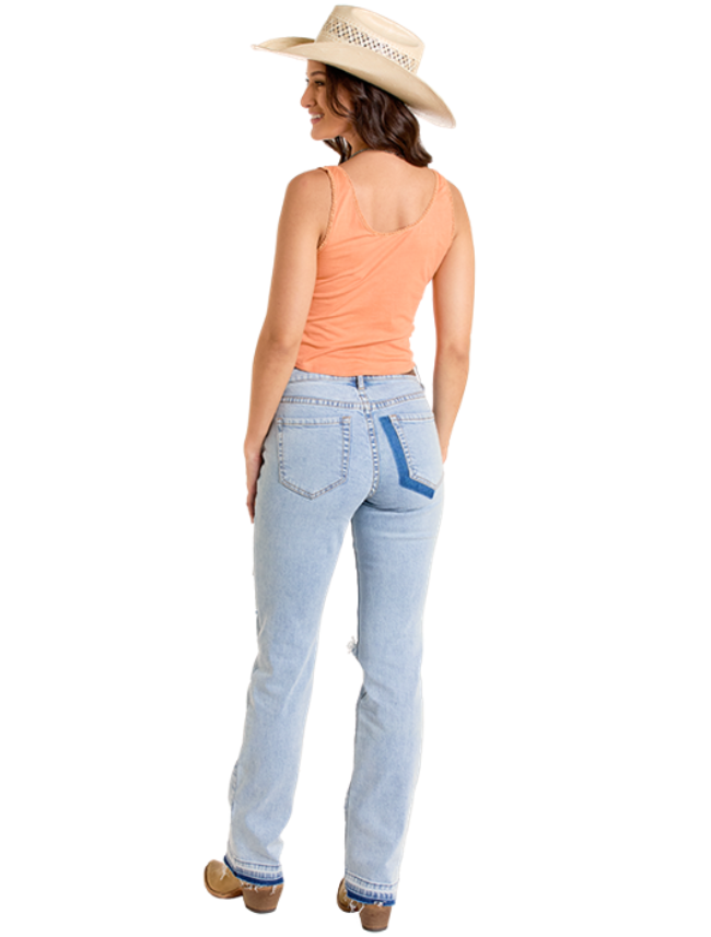 Back, full body view of the Rock & Roll Denim Women's Embroidered Western Tank with Wash