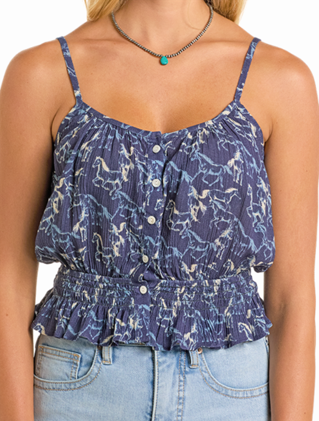 Front, close up view of Rock & Roll Denim Women's Horse Print Western Tank with emphasis of horse print and fabric detail