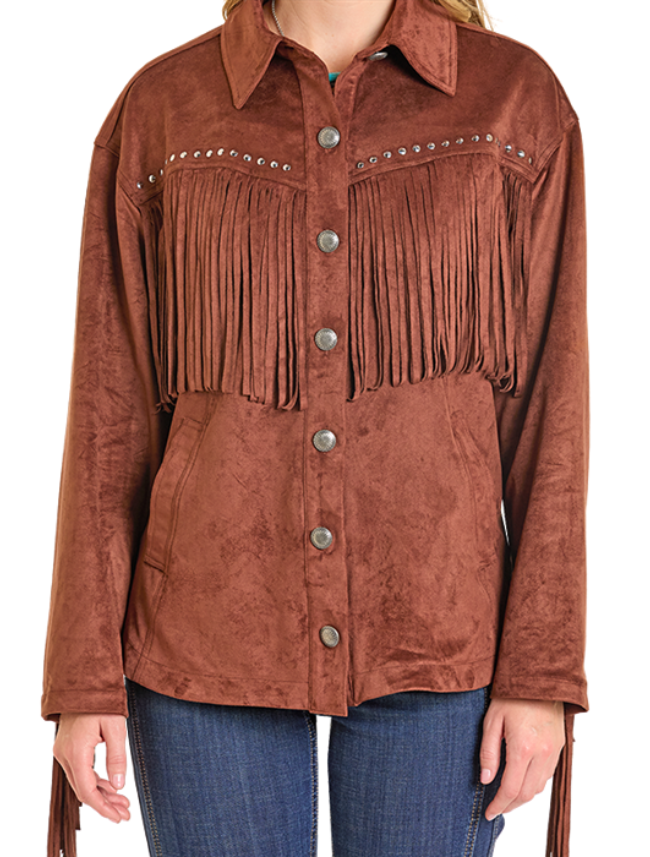 Brown suede jacket with fringes and buttons on a white background
