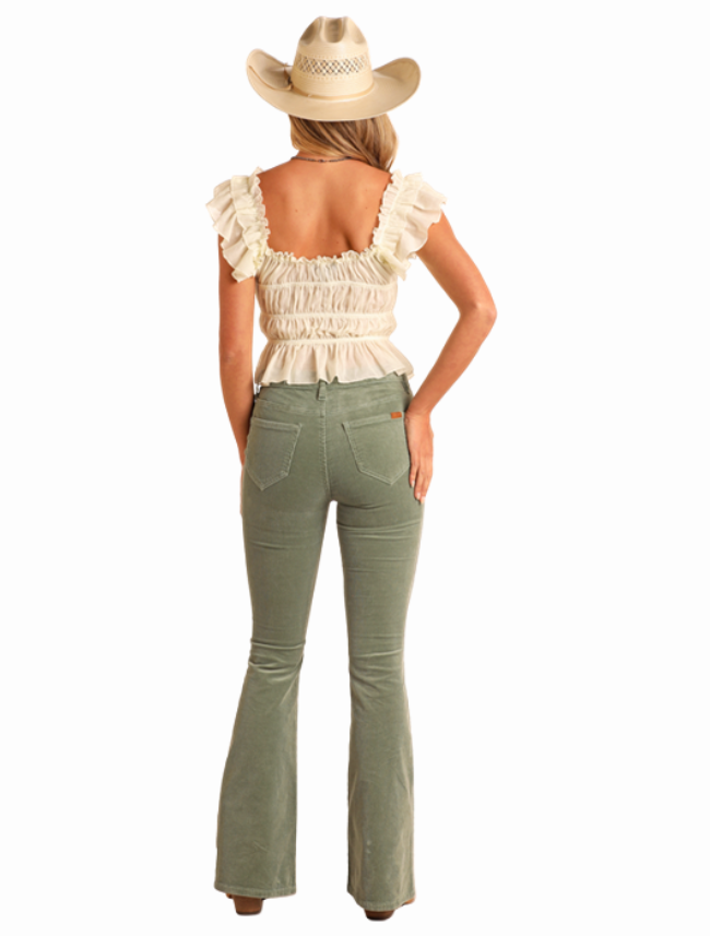 Back, full body view of Rock & Roll Denim Women's Ruched Western Crop Top