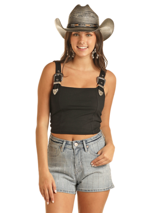 Front, torso of Rock & Roll Denim Women's Square Neck Western Crop Top in black