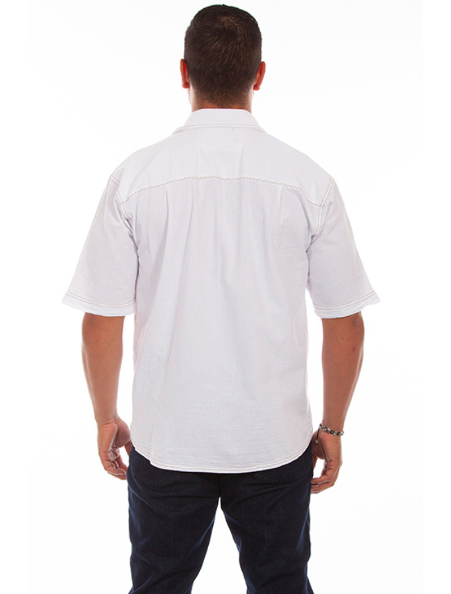 Man wearing a white short-sleeve shirt on a white background