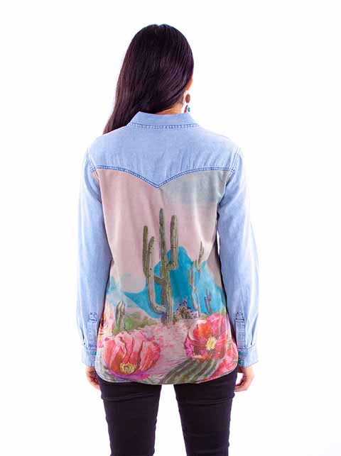 Back view of Scully Women's Denim Microfiber Cactus Scene Shirt – detailed cactus scene print with a comfortable, tailored fit