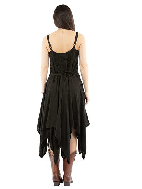 Back view of Scully Women's Lace-up Front Dress with Embroidery in Black – highlighting intricate embroidery and a slimming cut