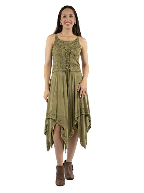Scully Women's Lace-up Front Dress with Embroidery in Green – featuring intricate floral embroidery and a flattering lace-up front design