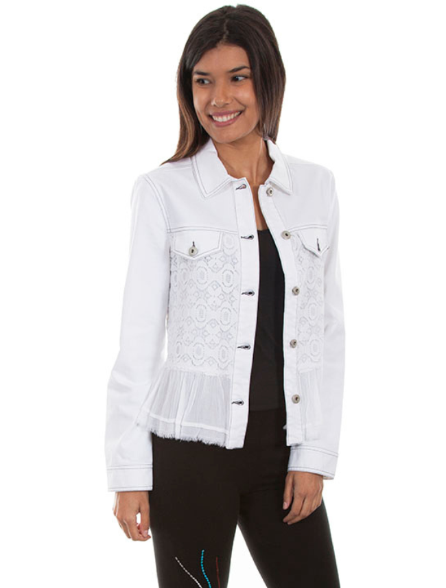 Front view of Scully Women's Lace Jean Jacket with Ruffle Hem
