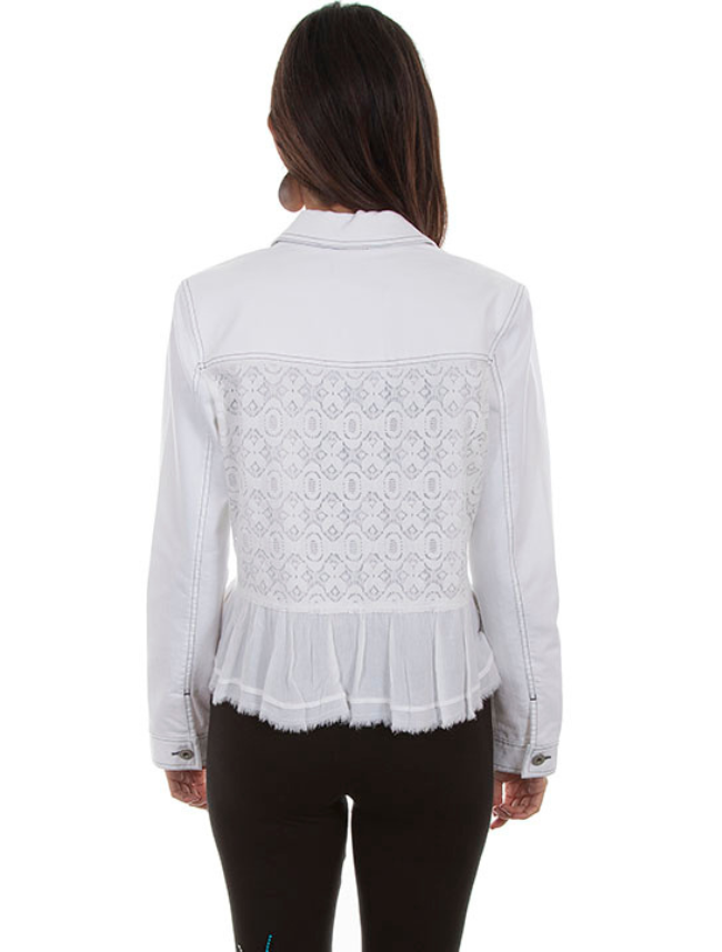 Back view of Scully Women's Lace Jean Jacket with Ruffle Hem