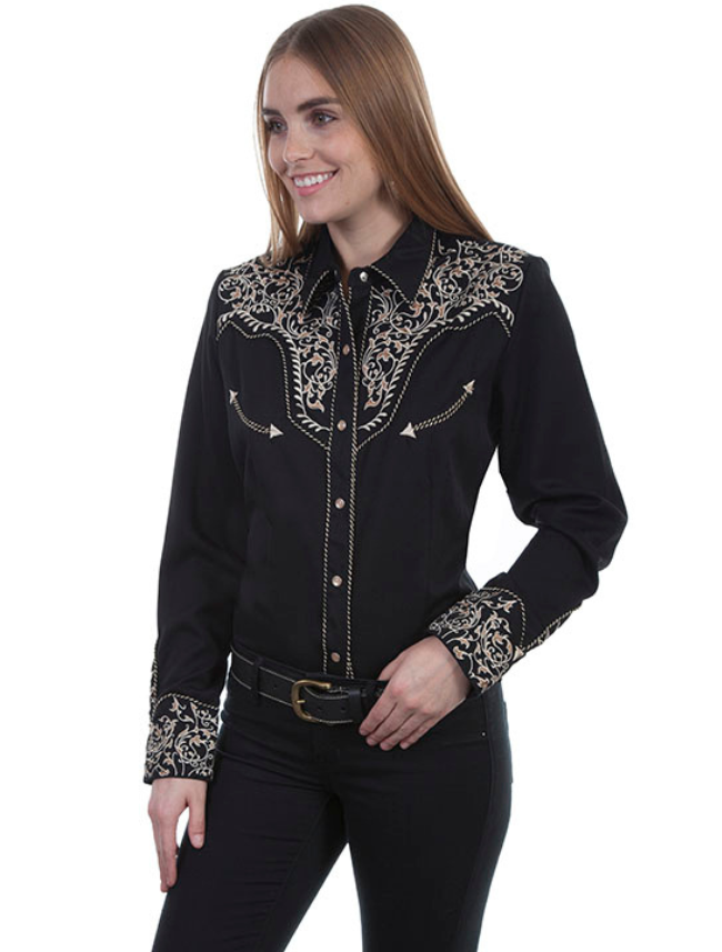 Front view of Scully Women's Scroll Embroidery Long Sleeve Snap Shirt