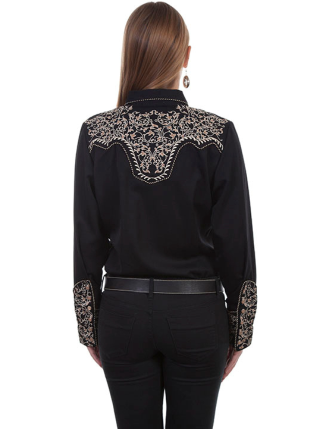 Side view of Scully Women's Scroll Embroidery Long Sleeve Snap Shirt