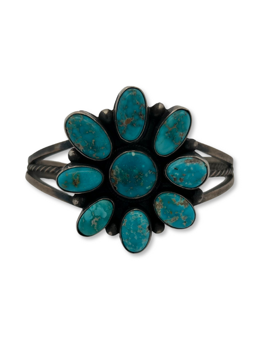 Front view of Sheila Becenti Sterling Silver Turquoise Cuff Bracelet