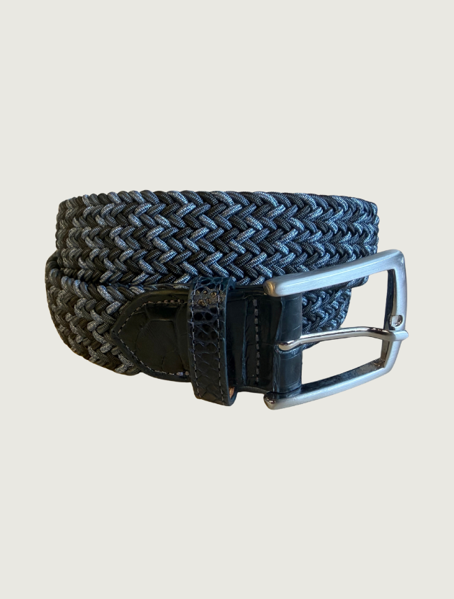 W. Kleinberg Steel Stretch Belt with Croc Tabs and Brushed Nickel Buckle