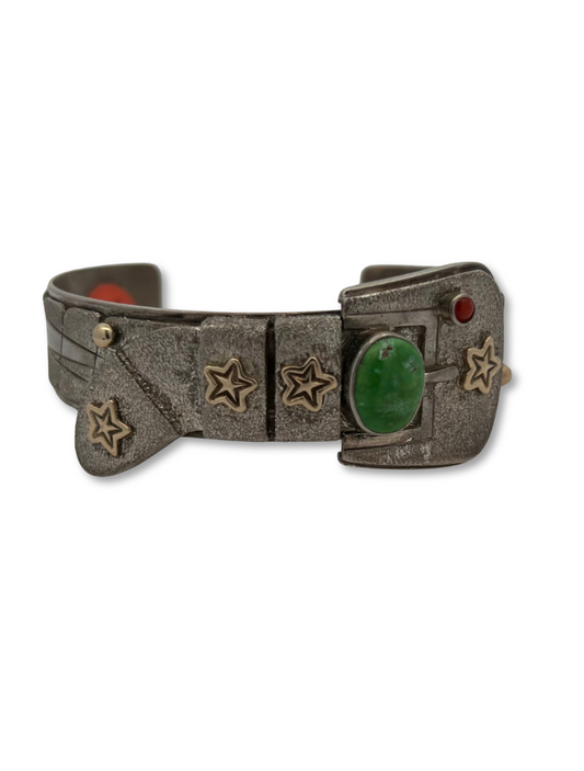 Front view of Sterling Silver Belt Cuff with Coral & Turquoise