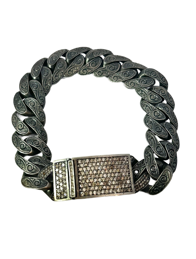 Front, top view of Sterling Silver Carved Link Bracelet with Diamond Clasp