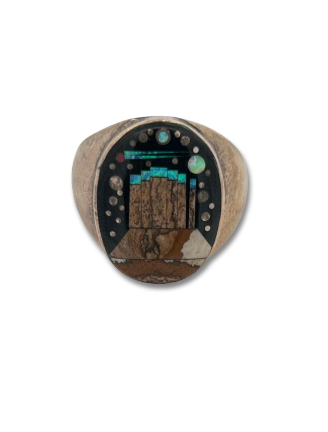Front view of sterling silver mountain inlay ring