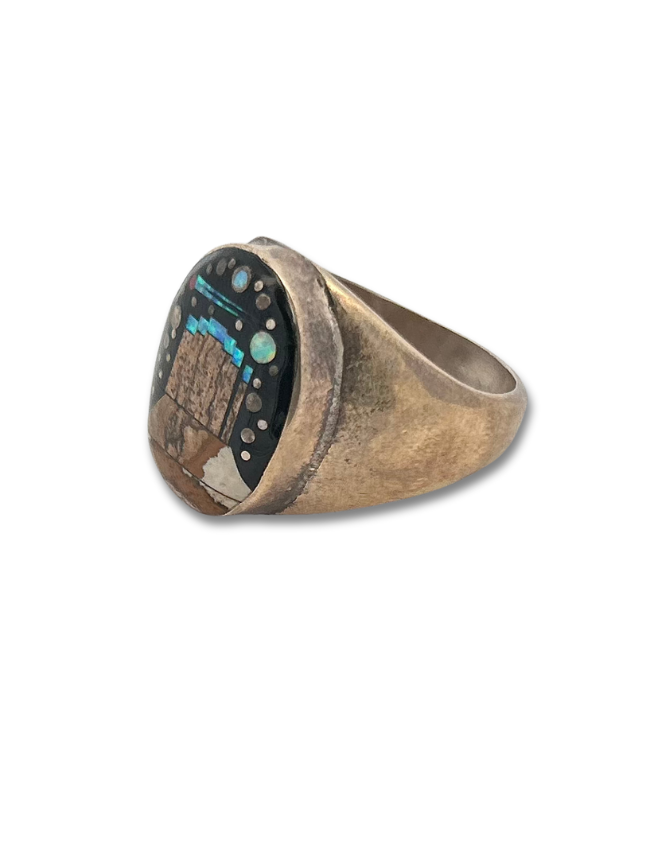 Side view of sterling silver mountain inlay ring