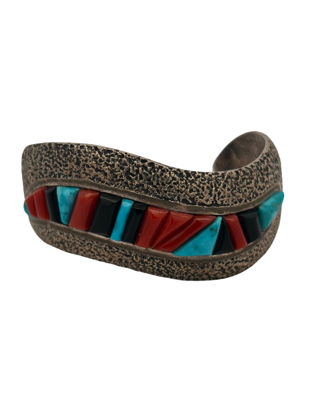Front view of sterling silver multicolor inlay cuff bracelet