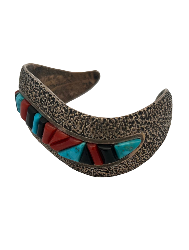 Side view of sterling silver multicolor inlay cuff bracelet