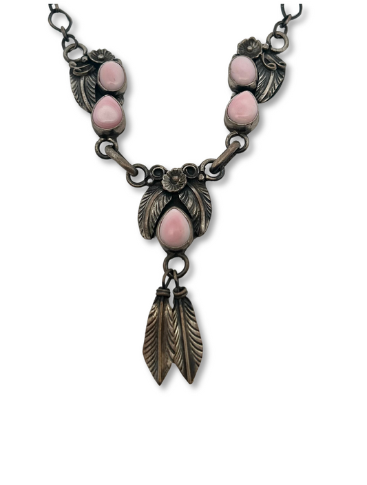 Top down view of Sterling Silver Pink Spiny Oyster Shell Necklace