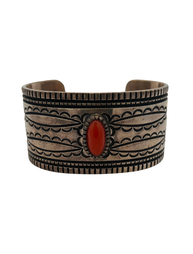 Front view of Sterling Silver Red Spiny Oyster Shell Cuff Bracelet