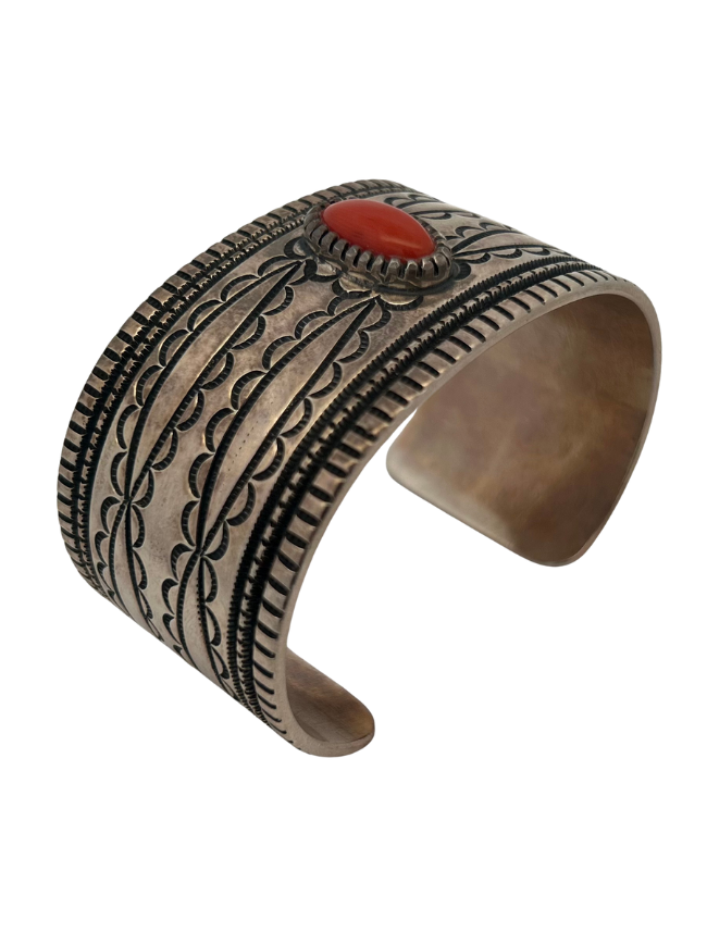 Side, three quarter view of Sterling Silver Red Spiny Oyster Shell Cuff Bracelet