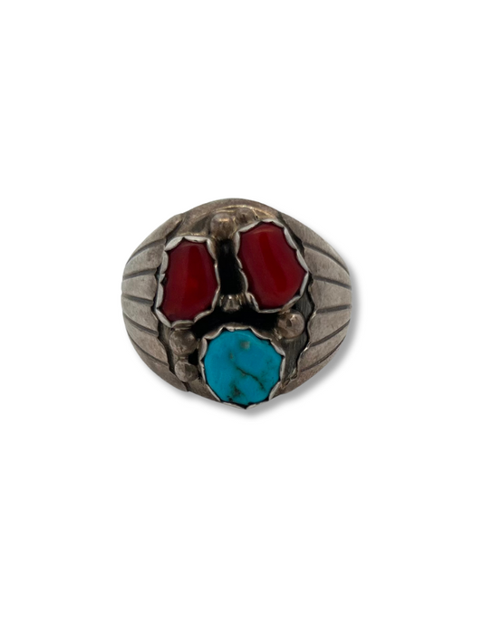 Front view of Sterling Silver Turquoise & Coral Ring