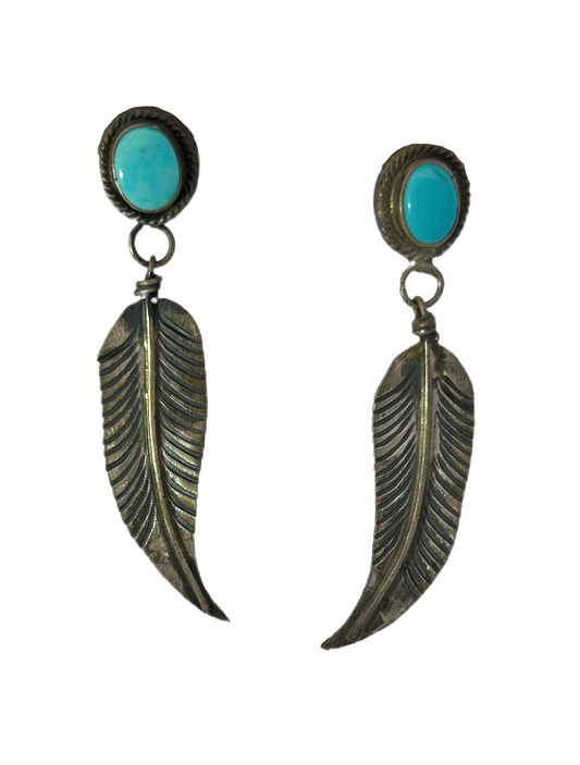 Front view of Sterling Silver Turquoise Feather Earrings