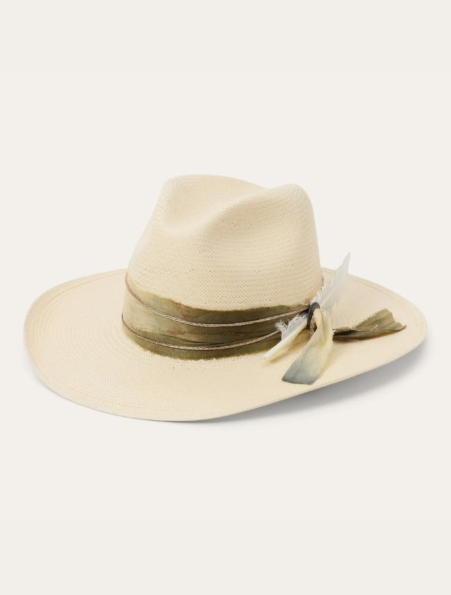 Beige straw hat with a ribbon and feather on a white background
