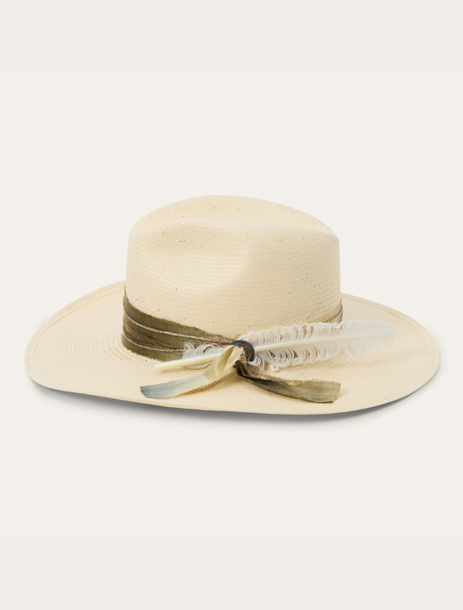 Beige straw hat with a decorative band on a light beige background