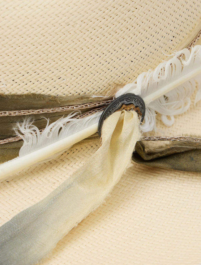 Close-up of a beige straw hat with decorative feathers and ribbon