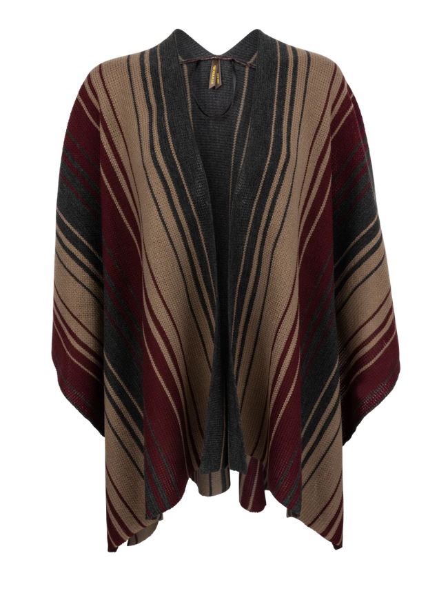 A striped sweater poncho in shades of brown and beige.