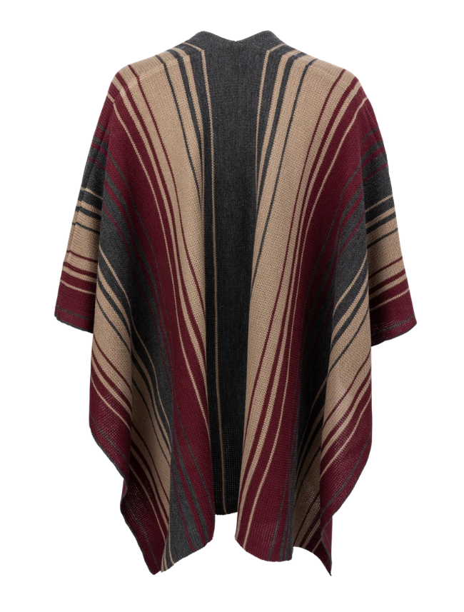 A striped sweater poncho in shades of brown and beige.