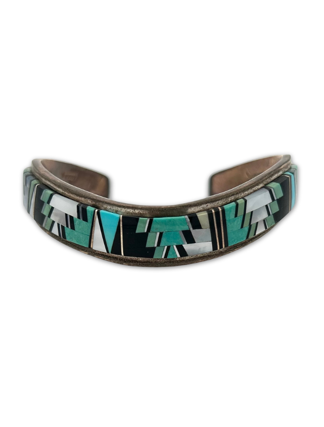 Front view of Tommy Jackson sterling silver multicolor inlay cuff bracelet