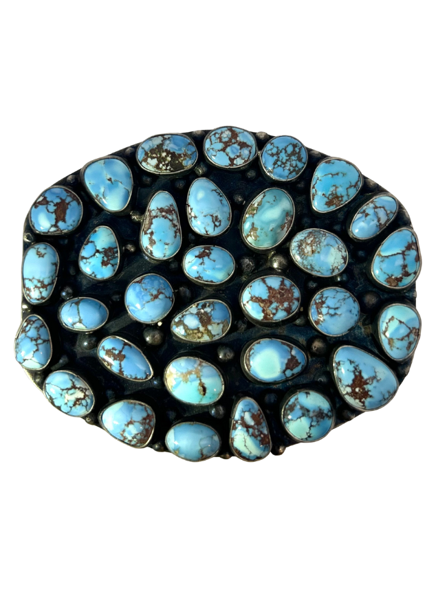 Front view of Travis J Sterling Silver Turquoise Belt Buckle