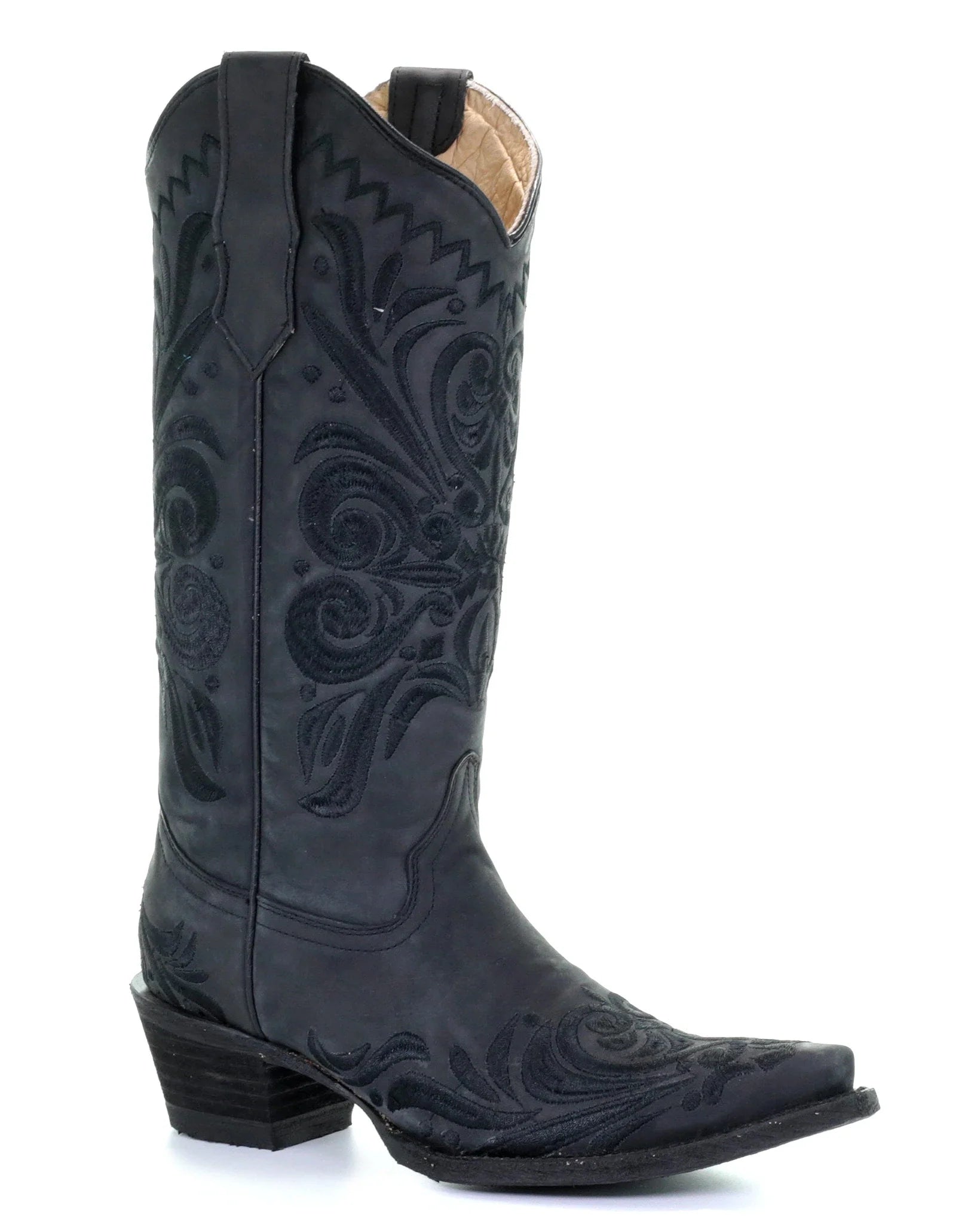 A pair of women's black leather Corral boots with intricate embroidery and a snip toe design.