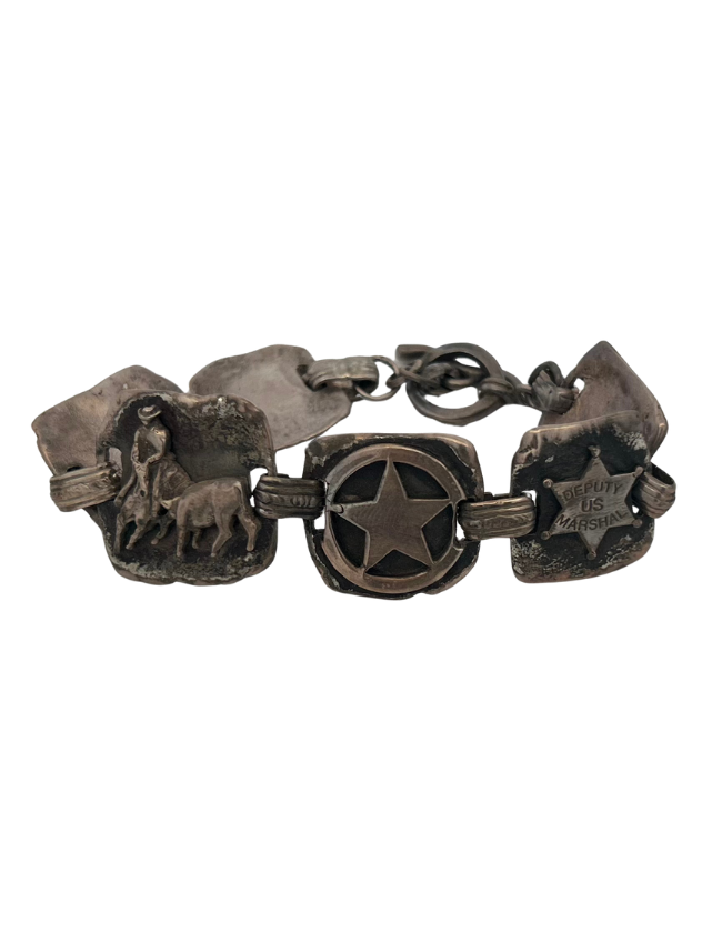 Front view of Vecenti Sterling Silver Bracelet with focus on Horse & Cowboy, Western Star, and Deputy US Marshal charms.
