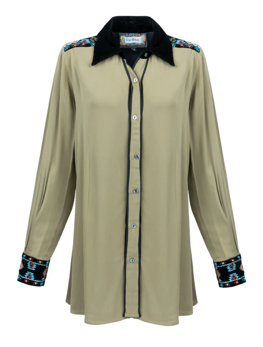 A long sleeve western-inspired shirt with black velvet on yoke and cuffs, featuring embroidery & piping details, in a beige color.