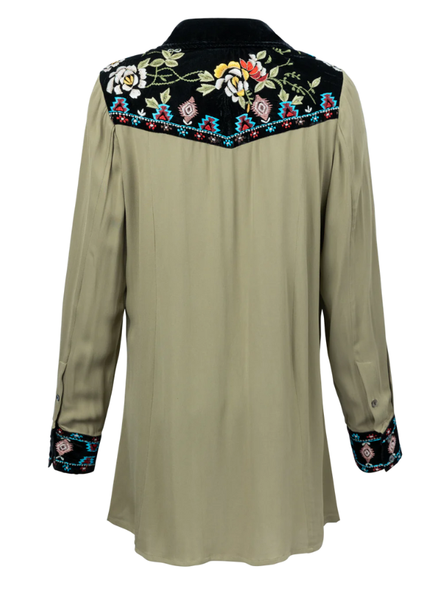 A long sleeve western-inspired shirt with black velvet on yoke and cuffs, featuring embroidery & piping details, in a beige color.
