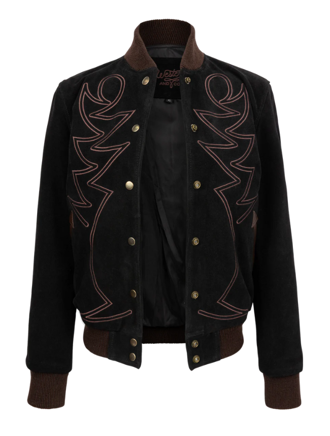 A black bomber jacket with brown western stitching and brass snap button closure, made of leather.