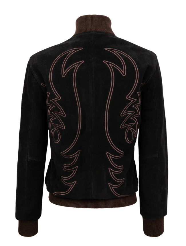 A black bomber jacket with brown western stitching, made of leather.