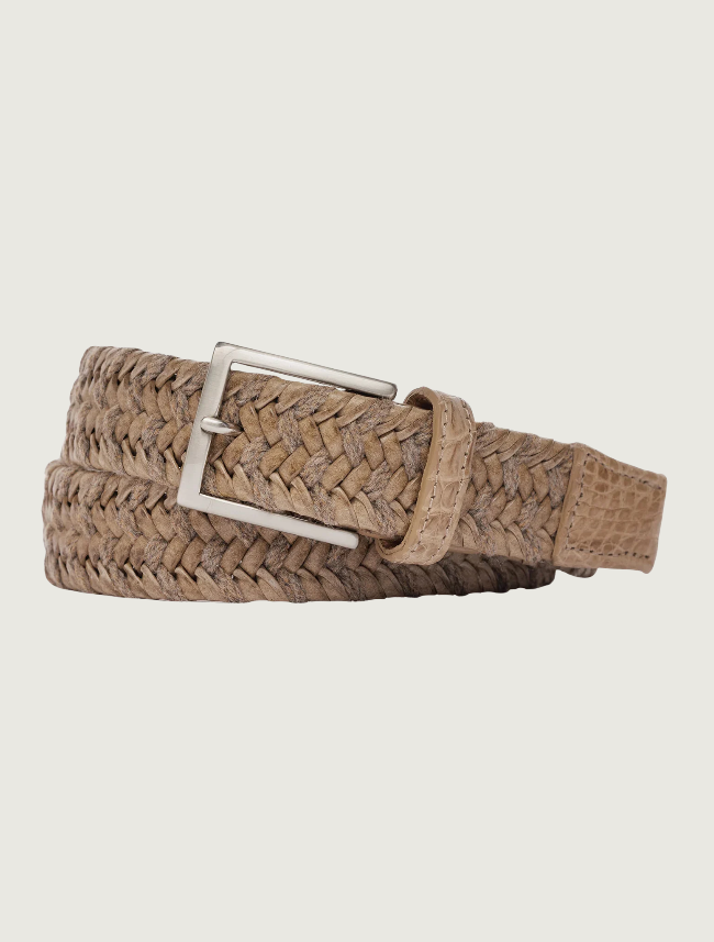 W. Kleinberg Dune Leather and Straw Belt with Croc Tabs and Brushed Nickel Buckle