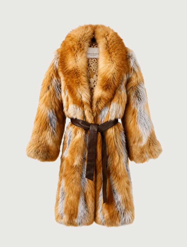 Pinto Ranch Long Red Fox Coat with Leather Tie