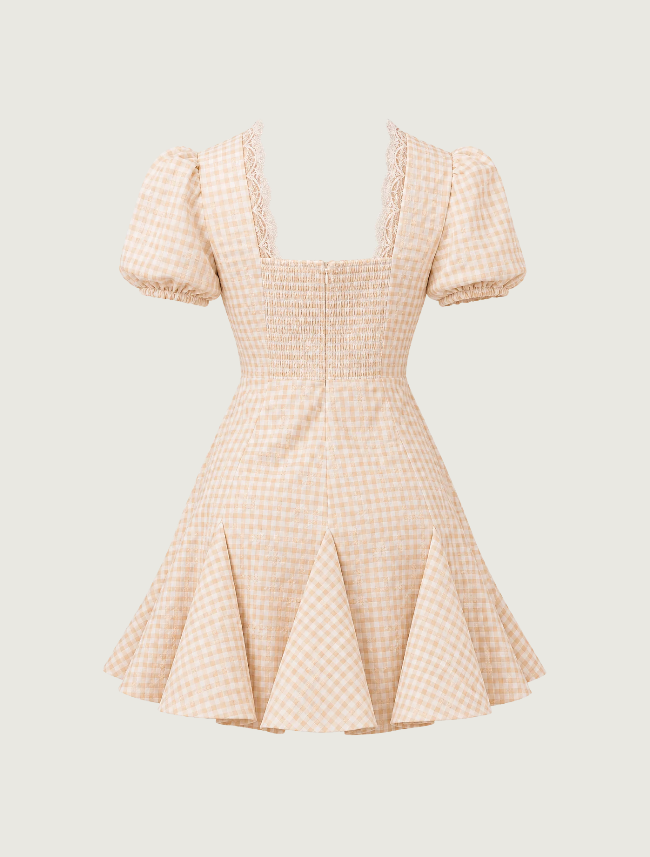Mavericks Embroidered Gingham Puff Sleeve Mini Dress in Beige