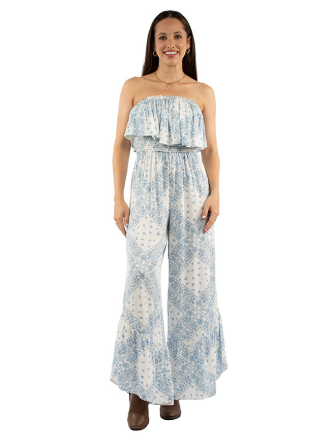 Model wearing Scully strapless ruffle jumpsuit, front view with flowy ruffle detail