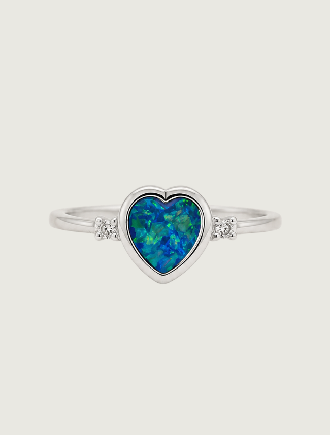 14K white gold opal heart ring, front view